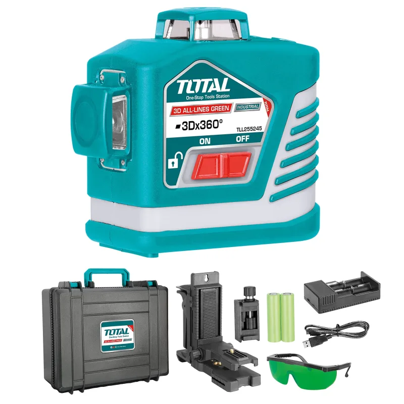 Total tools - nivel láser 3d | amplitud de 360º | con puntero verde | rango de 30 m | incluye gafas de protección, soporte y maletín de alta resistenc