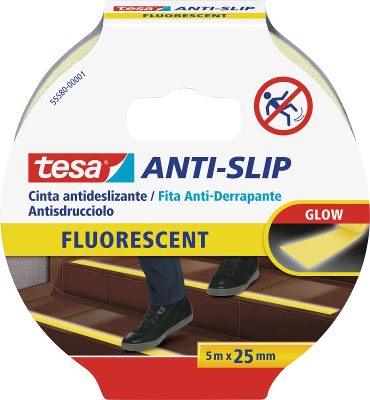 Cinta antideslizante adhesiva color flúor de 5m x 25 mm