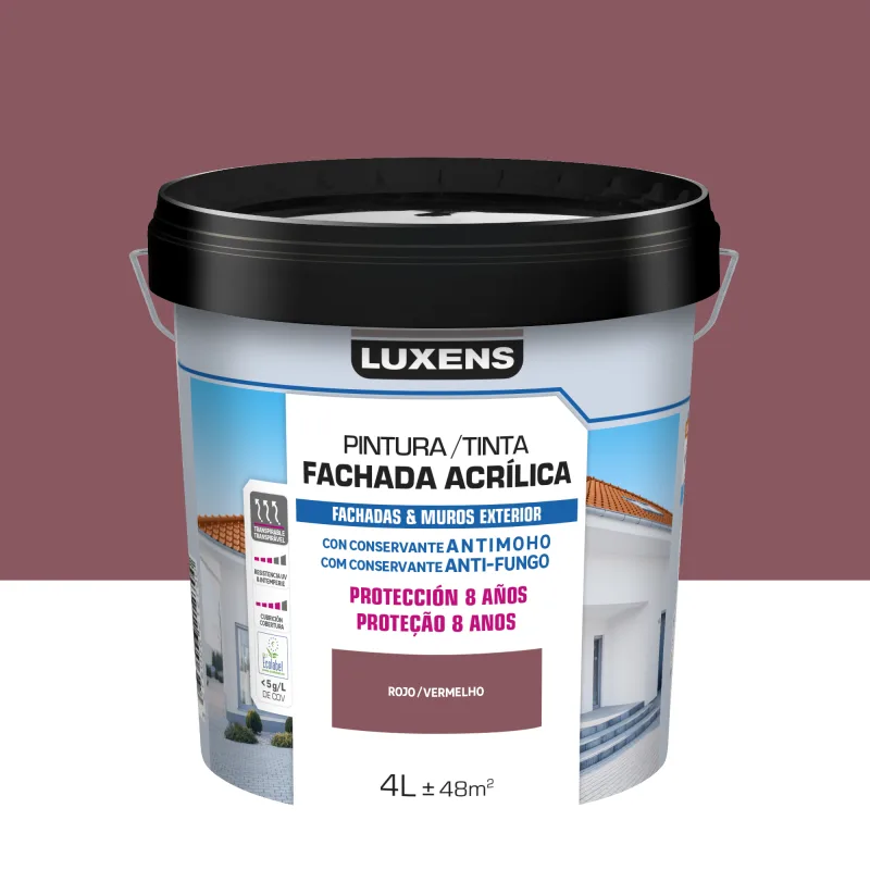 Pintura exterior color rojo para hormigón, fachada luxens mate 4l base agua antigoteo