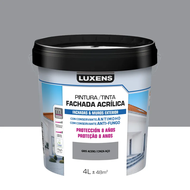 Pintura exterior color gris para hormigón, fachada luxens mate 4l base agua antigoteo