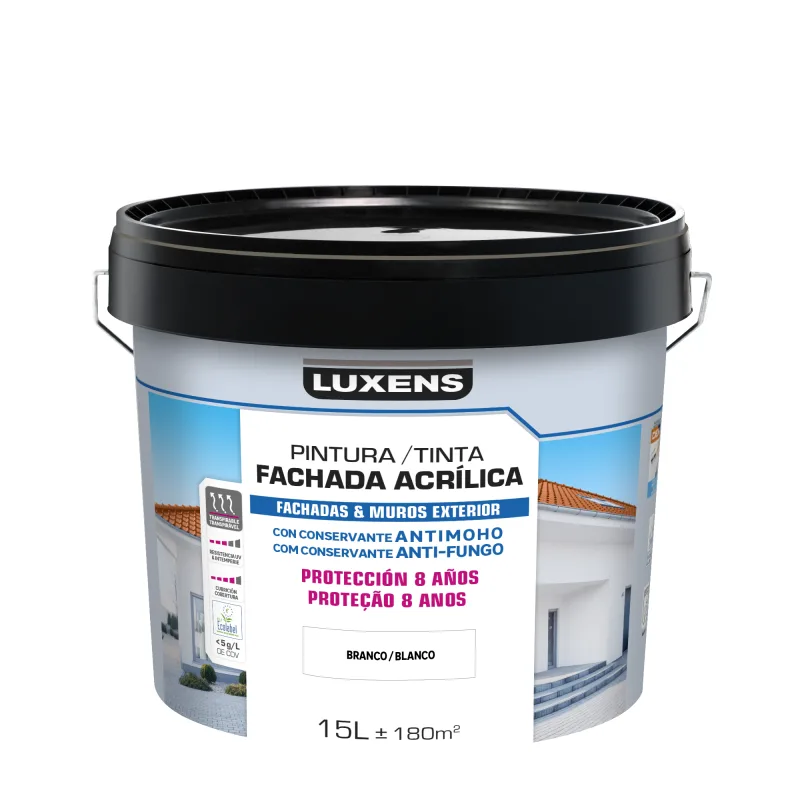 Pintura exterior color blanco para hormigón, fachada luxens mate 15l base agua antigoteo