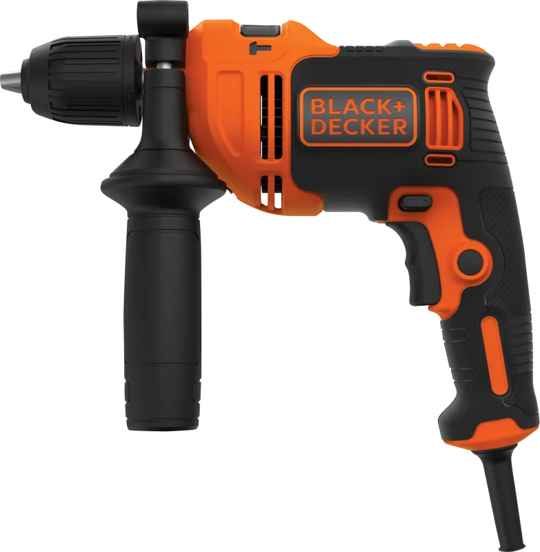Taladro percutor black + decker 710w con 4 brocas (2 brocas para madera 4/6mm, 2 brocas para mampostería 4/6mm) y empuñadura lateral y tope de profundidad