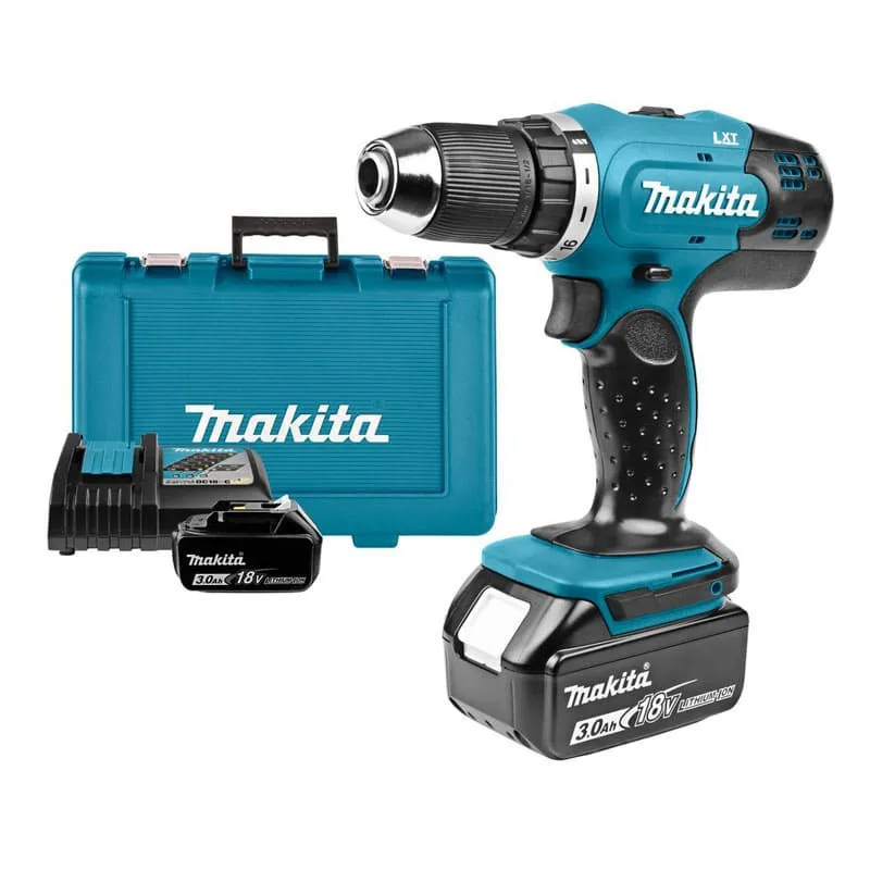 Taladro atornillador makita 18v + 2 baterías de litio de 3 ah + maletín