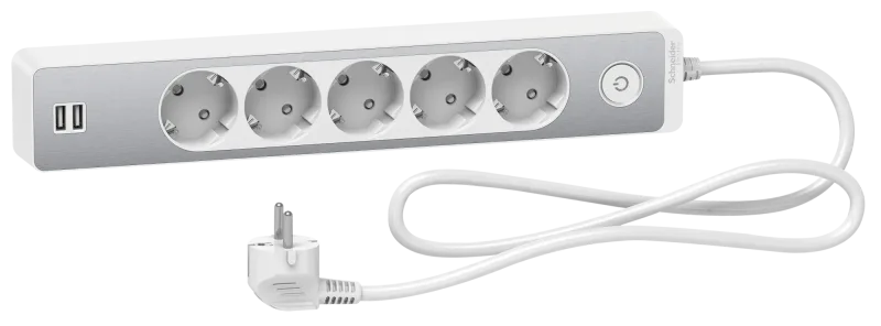 Base múltiple de 5 enchufes schneider 2xusb blanco/aluminio