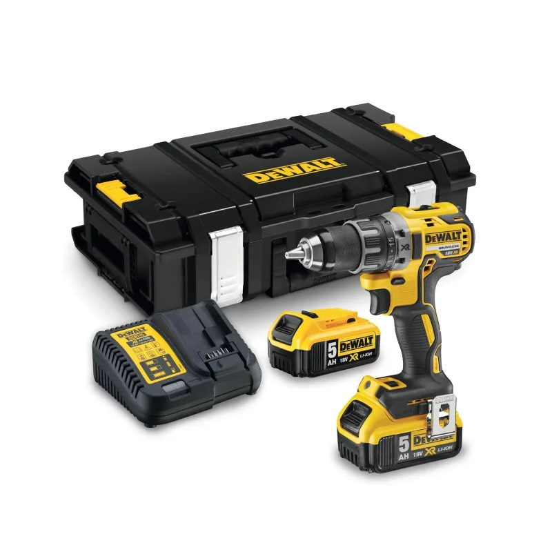 Atornillador a batería dewalt 18v brushless - 2 baterias xr li-ion 5,0ah - cargador multi-voltaje, pinza para cinturón, retención magnética de puntas y maletín tstak - dcd791p2-qw