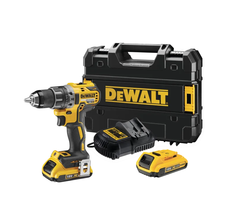 Taladro a batería dewalt 18v brushless - 2 baterias xr li-ion 2,0ah - cargador multi-voltaje, pinza para cinturón, retención magnética de puntas y maletín tstak - dcd791d2-qw