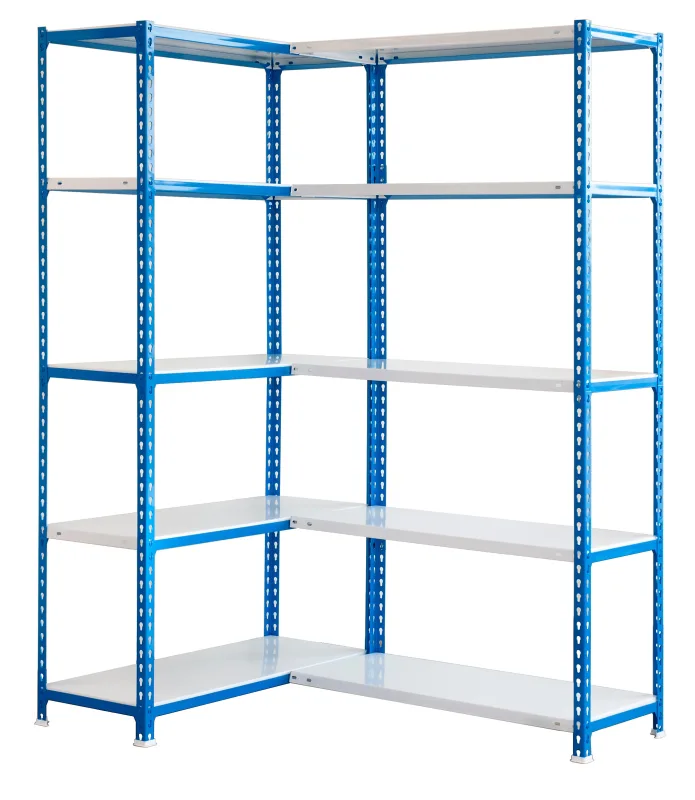 Estantería metálica esquinera sin tornillos simoncorner de 10 estantes (200x140x40cm) azul y blanco