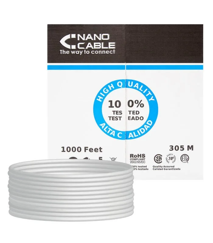 Nanocable 10.20.0504 - cable de red ethernet rigido rj45 cat.6 utp awg24, 100% cobre, gris, bobina de 305mts