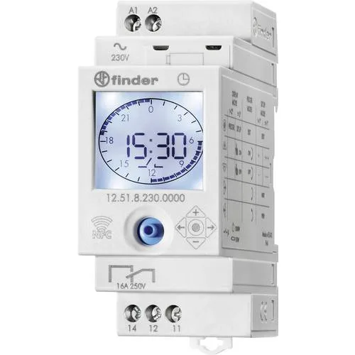 Interruptor horario digital serie 12, nfc, ancho 35mm, 1 contacto conmutado 16a, 110/230v ac/dc reserva de marcha - finder
