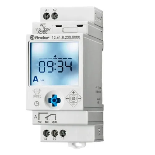 Interruptor horario semanal serie 12, nfc, ancho 35mm, 1 contacto conmutado 16a, 110/230v ac/dc reserva de marcha - finder