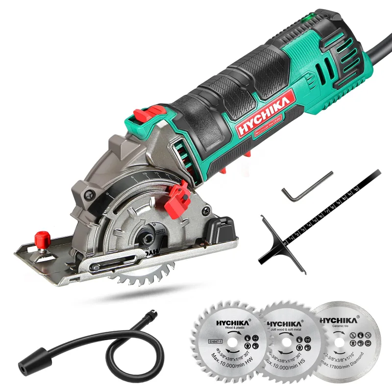 Hychika mini sierra circular de mano, 500w sierra circular, 4500rpm motor de cobre puro, 3 hojas de 30t+ 36t+ diamente, ideal para cortar azulejo