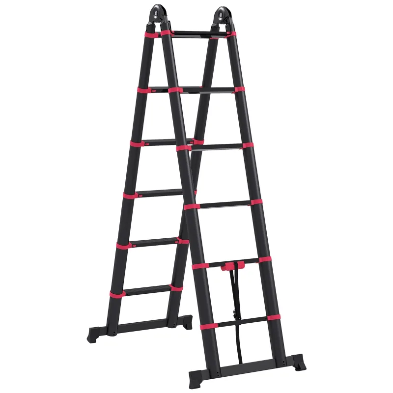 Escalera plegable homcom aluminio, nylon negro y rojo 379x67.5x11 cm