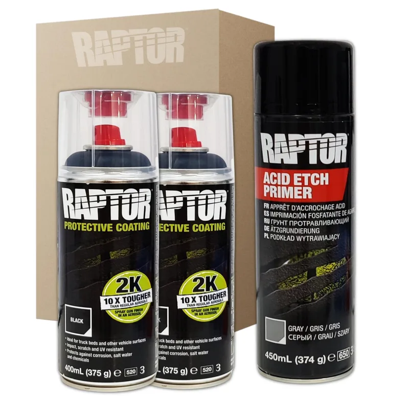2 x spray pintura raptor 2k negro + imprimación acid raptor