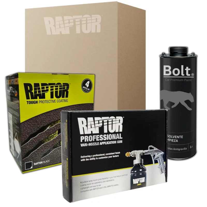 Pintura raptor 2k kit negro 4 lt + pistola pro + disolvente