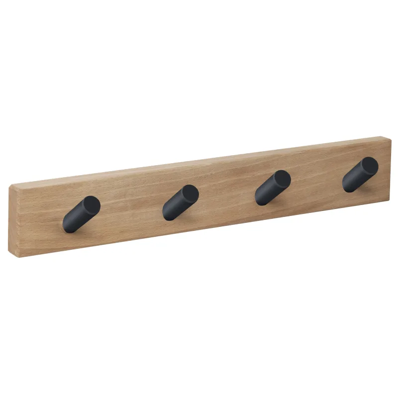 Perchero de pared madera con 4 ganchos negros