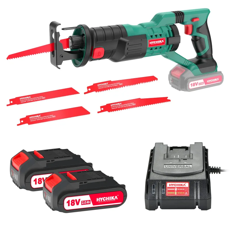 Sierra sable inalámbrica, hychika 18v, sierra alternativa de 2 baterías 2.0ah, 0-2800 spm, 2 hojas de sierra, cargador rápido, luces led