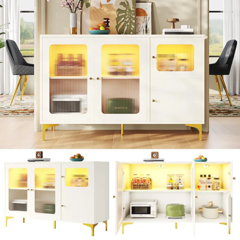 Aparador moderno blanco de 140x40x90 cm con puertas de cristal changhong, iluminación ambiental integrada y amplio espacio de almacenamiento.