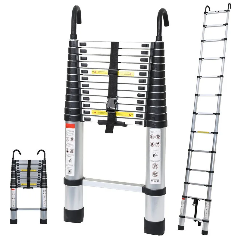 Escalera telescópica con gancho escalera tijera aluminio plata 3,8m