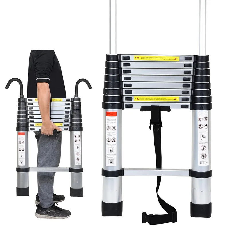 Escalera telescópica con gancho escalera tijera aluminio plata 2,6m