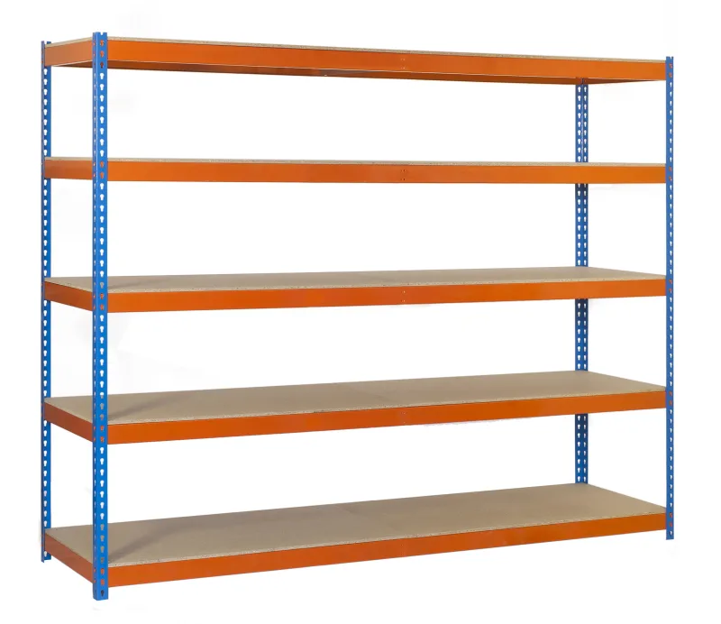 Estanteria metalica sin tornillos ecoforte 5 azul/naranja/madera 200x180x45 cm