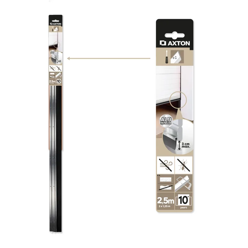 Burlete de puerta de garaje axton alu goma en color gris/plata y negro, 6 mm de espesor x 6 cm de altura x 250 cm de longitud. perfil junta plano. recortable. tipo de instalación atornillar.