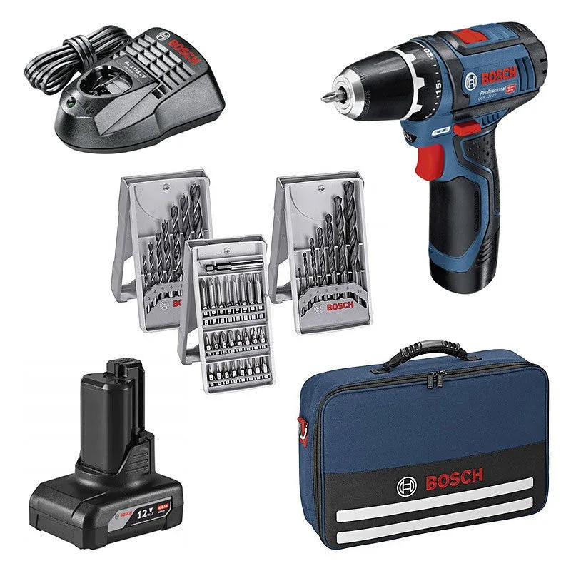 Bosch - taladro/atornillador a batería 12 v li-ion 2,0 ah / 4,0 ah 30 nm + 39 accesorios en bolsa de herramientas - gsr 12v-15 professional
