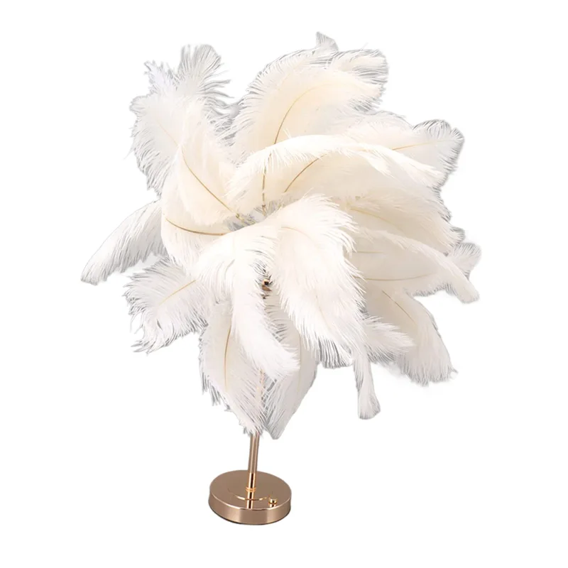 Lámpara de mesa pequeña para dormitorio, lámpara de noche moderna, lámpara de plumas de avestruz blanca, lámpara de mesita de noche minimalista, lámpa
