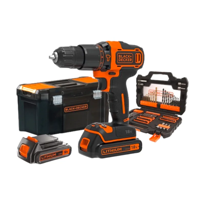 Kit de taladro percutor profesional con 2 baterías set 104 brocas y caja de herramientas b+d bdchd 18 s 2ka