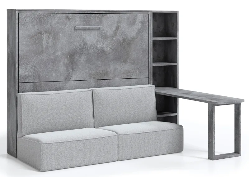Cama escamoteable 140x190 prolok-sofá gris claro-con estante-estructura y fachada gris cemento-oficina con escritorio
