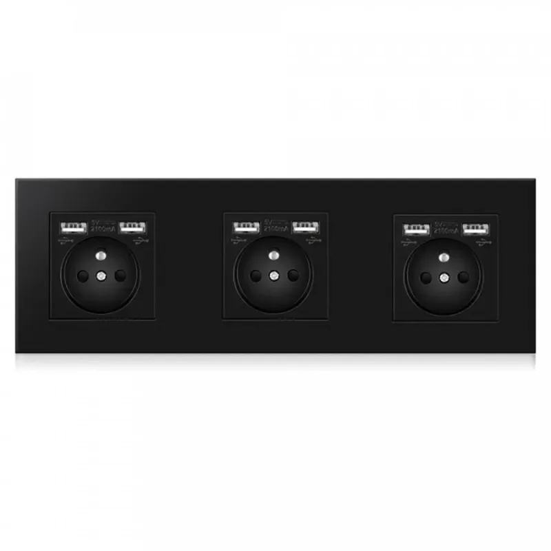 Tomas de pared triples completas con 6 puertos usb (258x86mm) negro