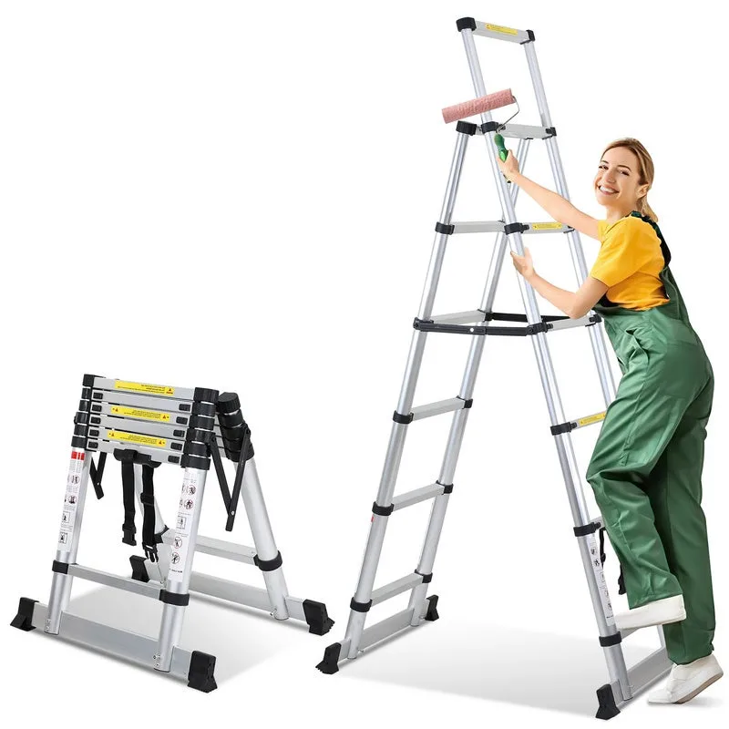 Escalera telescópica 1,7m+2,0m hasta 150 kg escalera de tijera estable de aluminio con balancín carga máx. 150 kg