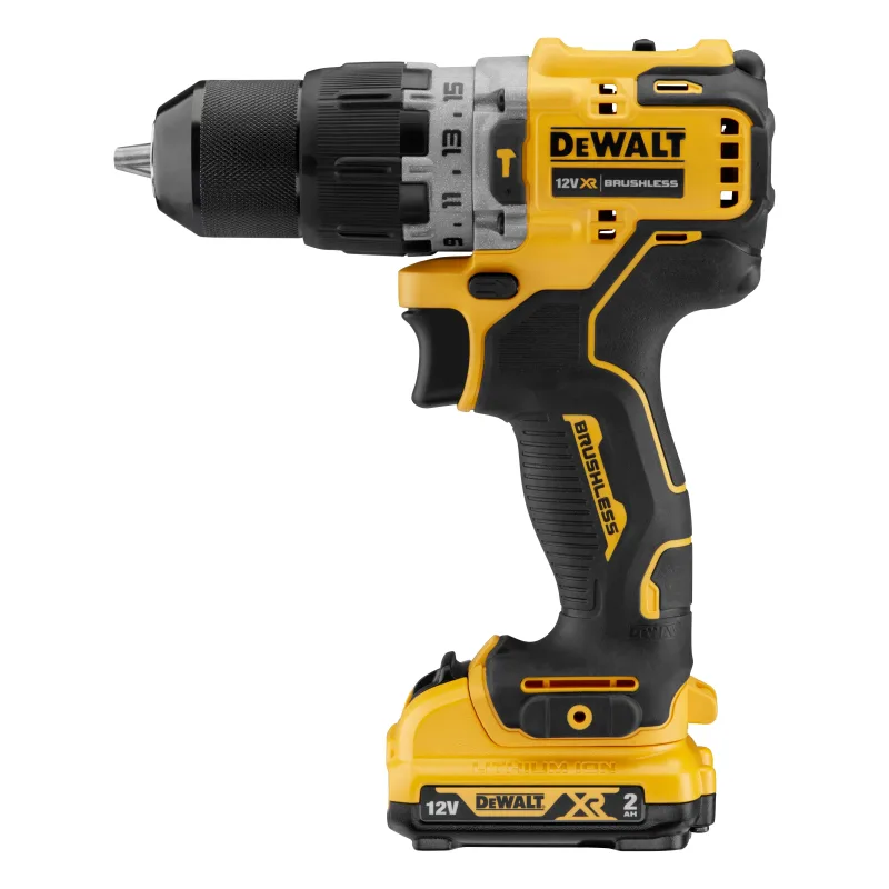 Taladro percutor a batería dewalt 12v brushless - 2 baterias incluye 2 baterías li-ion 2ah, cargador multi-voltaje xr, pinza para cinturón y maletín tstak - dcd706d2-qw