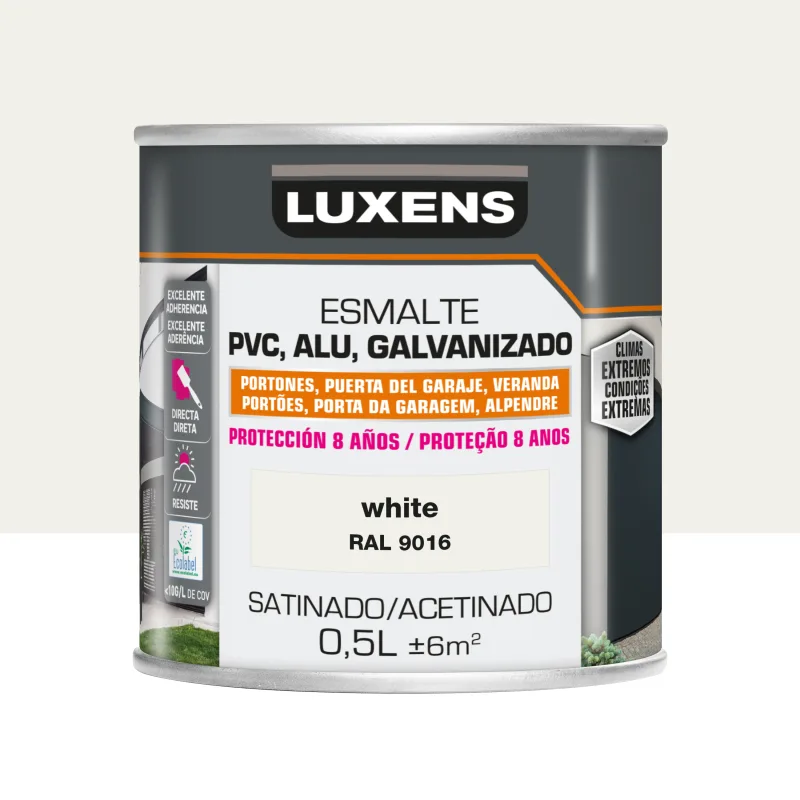 Pintura exterior color white para hierro, puerta luxens satinado 500ml base agua antigoteo