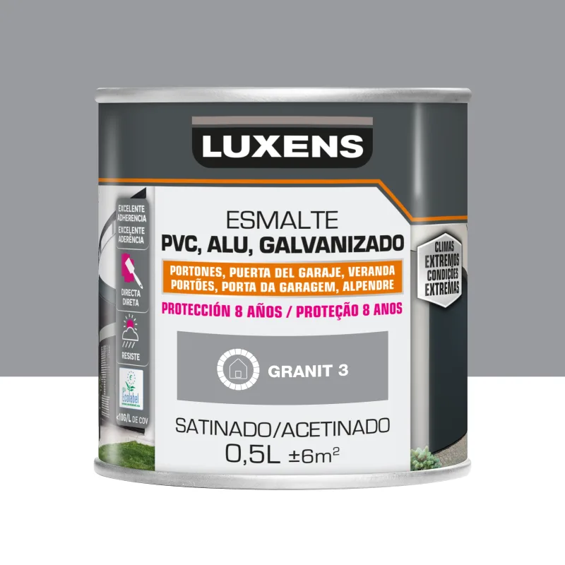 Pintura exterior color granit3 para hierro, puerta luxens satinado 500ml base agua antigoteo
