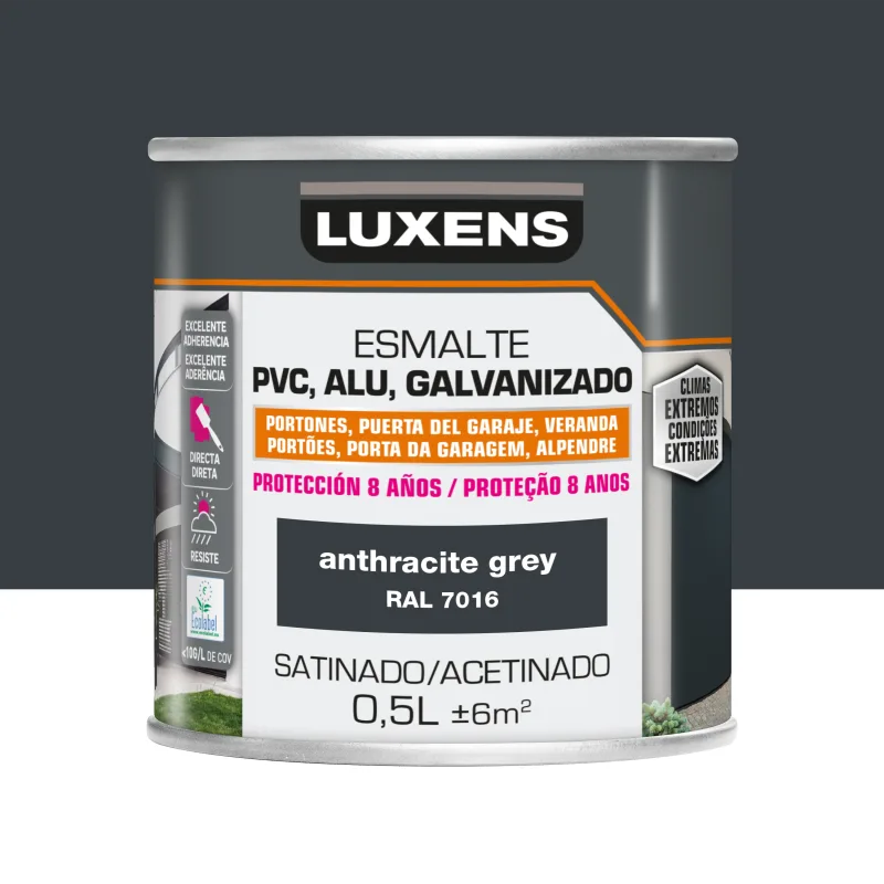 Pintura exterior color gris antracita para hierro, puerta luxens satinado 500ml base agua antigoteo