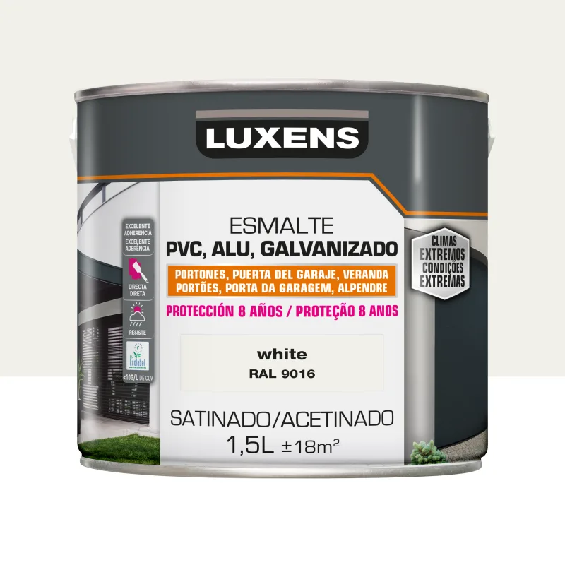 Pintura exterior color white para hierro, puerta luxens satinado 1.5l base agua antigoteo