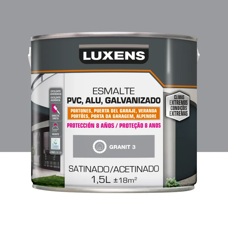 Pintura exterior color granit3 para hierro, puerta luxens satinado 1.5l base agua antigoteo