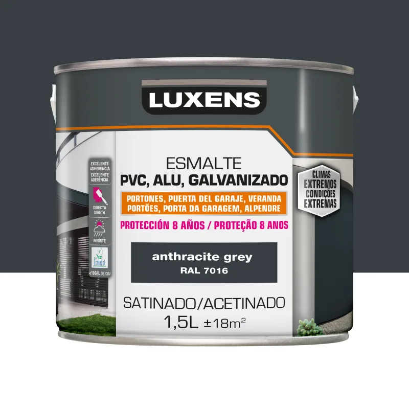 Pintura exterior color antracita gris para hierro, puerta luxens satinado 1.5l base agua antigoteo