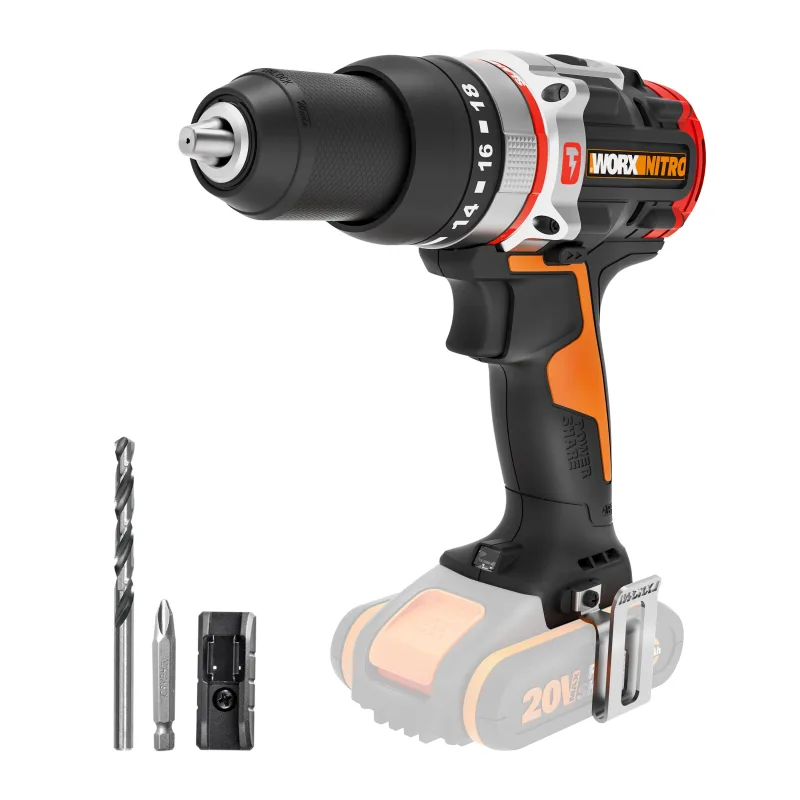 Taladro percutor a batería worx 20v brushless - sin batería - una punta doble y un clip de cinturón - slammer
