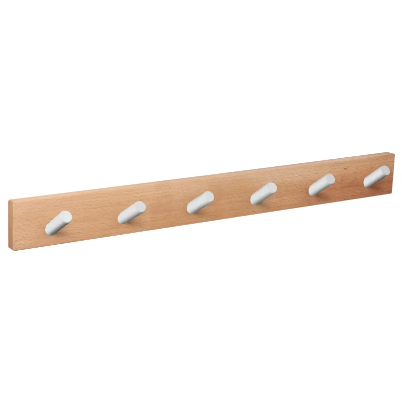 Perchero de pared de madera natural 6 ganchos blancos