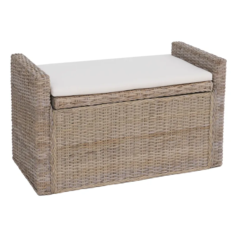 Banco m92 para vestuarios, con espacio de almacenamiento, cojín de ratán kubu, 88 cm ~ kubu gris