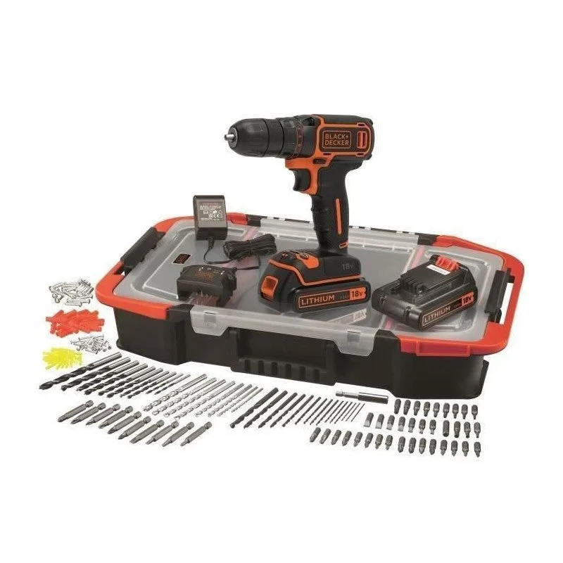 Black & decker taladro inalámbrico de litio de 18 v - 2 baterías - 160 caja de accesorios -bdcdc18bast-qw