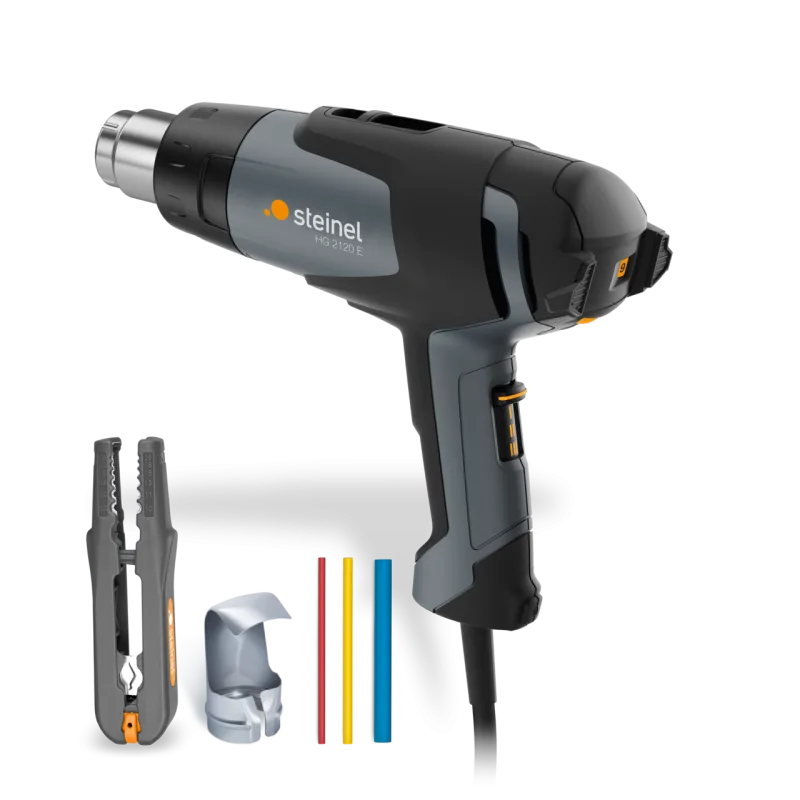 Steinel pistola de aire caliente hg 2120 e kit de electricista, incluye soltador de manguera, boquilla, tubo termorretráctil, 2200 w