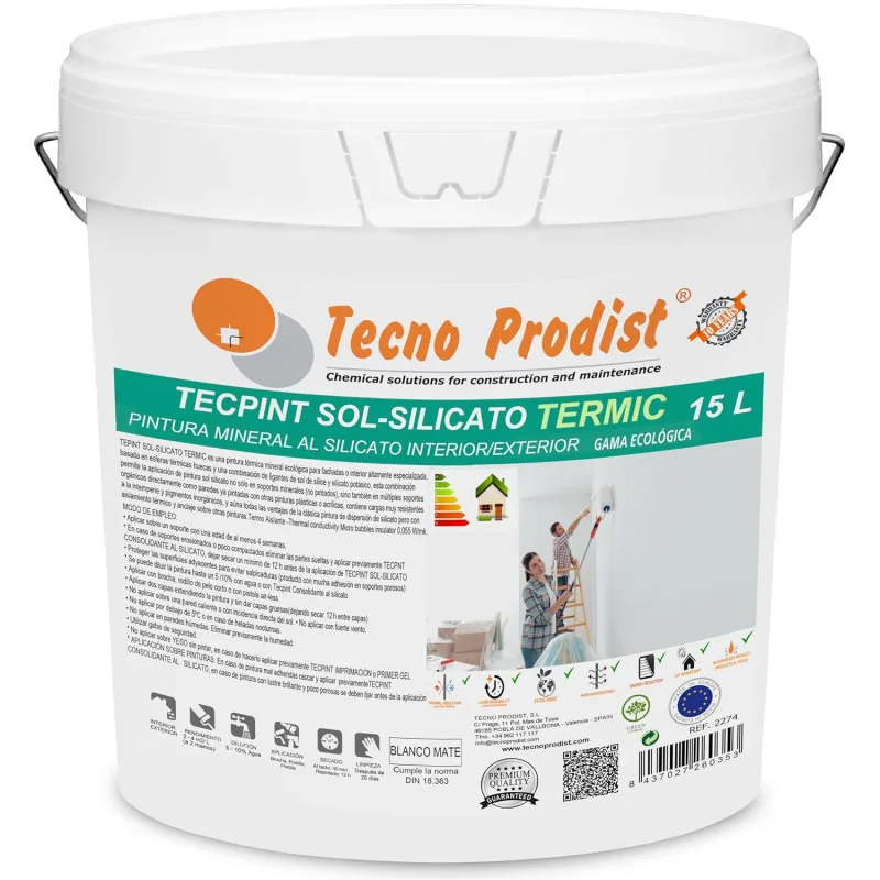 Tecpint sol-silicato termic de tecno prodist pintura al silicato mineral exterior e interior al agua, natural transpirable 15 l