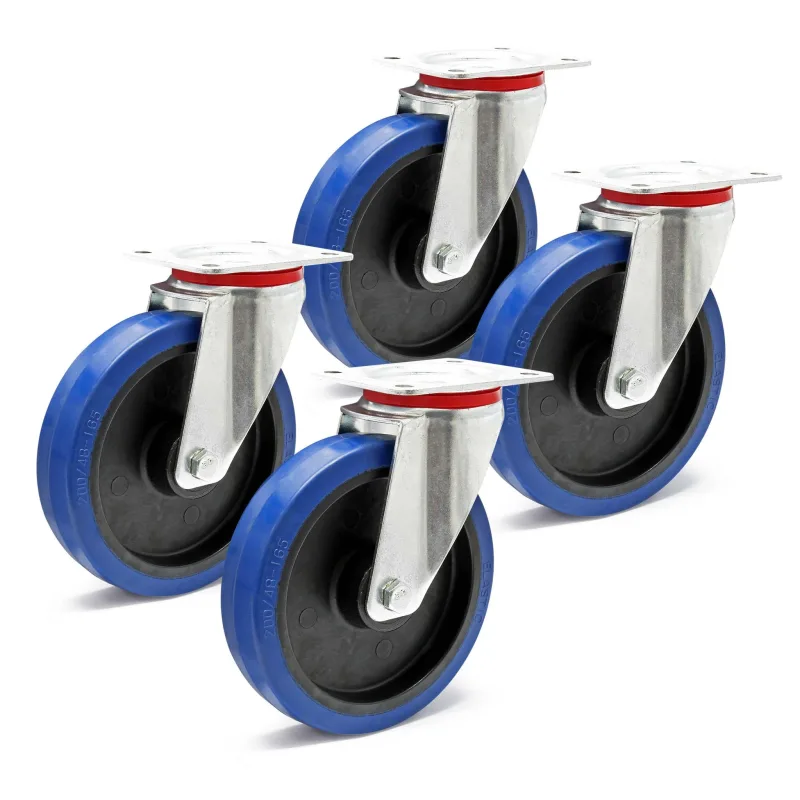 Juego de 4 ruedas giratorias 200 mm ruedas de plástico sin freno placa de montaje máx. 350 kg/rueda