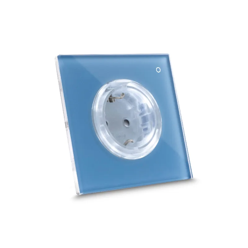 Enchufe de diseño conectado por wi-fi iotty ode plus con placa táctil retroiluminada de vidrio templado, negro, tipo f, azul laguna
