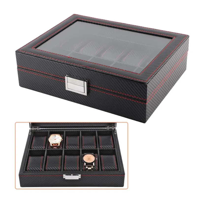 Caja de viaje de fibra de carbono con 10 compartimentos para relojes, joyas, exhibidores y organizadores coleccionables.