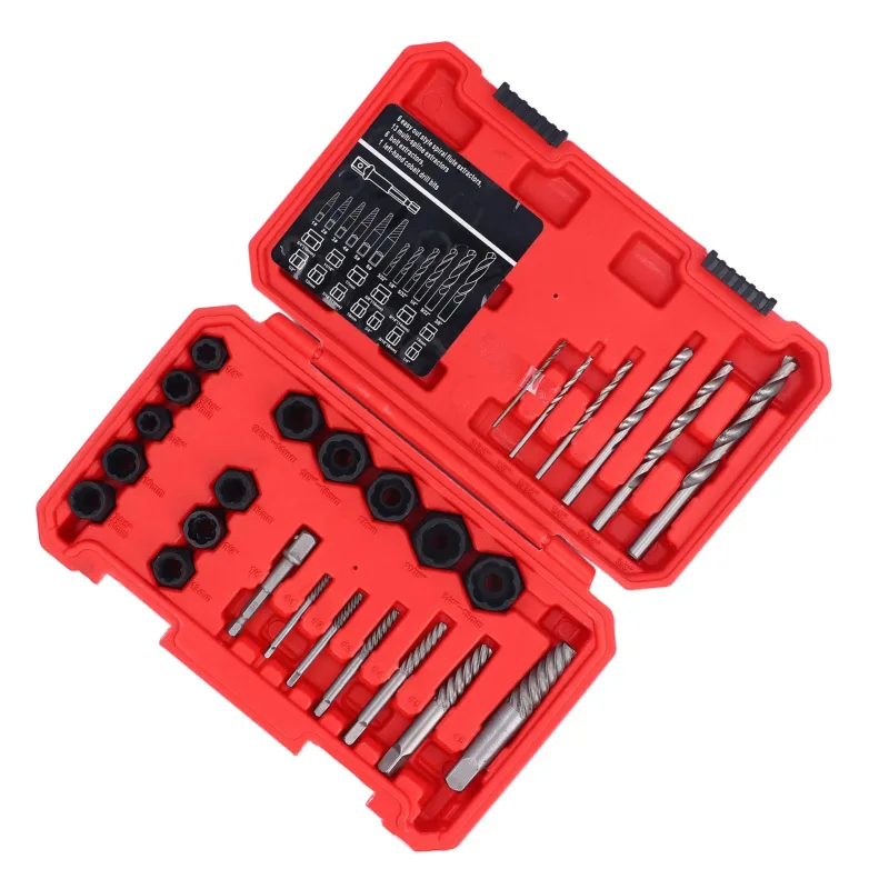 Juego de 26 extractores de tornillos y pernos, extractor de tornillos fácil de extraer, removedor de pernos rotos, kit de brocas hss con adaptador