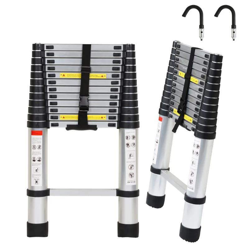 Escalera telescópica plateada de 3,8 m + escalera extensible con gancho, escalera extensible de aluminio antideslizante