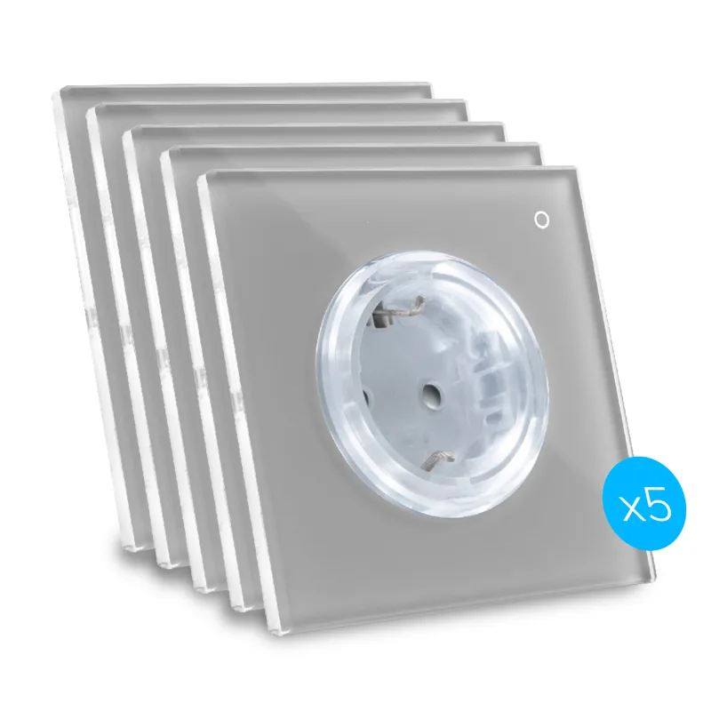 Kit de 5 enchufes de diseño, conectados por wi-fi iotty ode plus con placa táctil retroiluminada de vidrio templado, negro, tipo f, gris luz